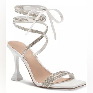 White Lace-Up Sandals with Silver Rhinestones & Box